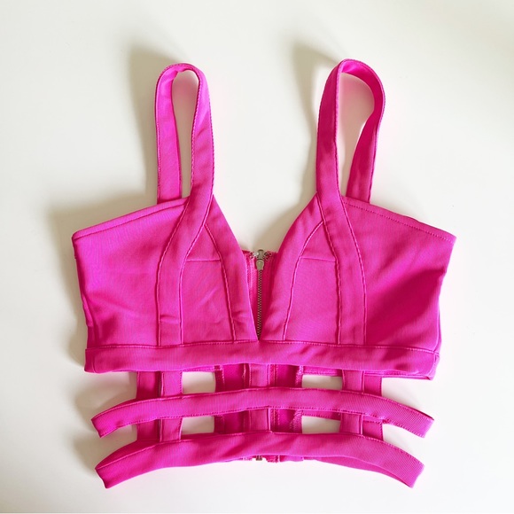 Tobi Tops - Tobi Caged Plunging V-Neck Crop Top Bright Barbie Pink XS